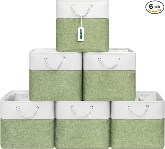 13x13 Inch Cube Storage Bins with Reinforced Bottom Cardboard, 6 Pack Large Collapsible Fabric Storage Cubes with Handles for Shelf, Closet, Toy, Laundry Organization (White&Green)