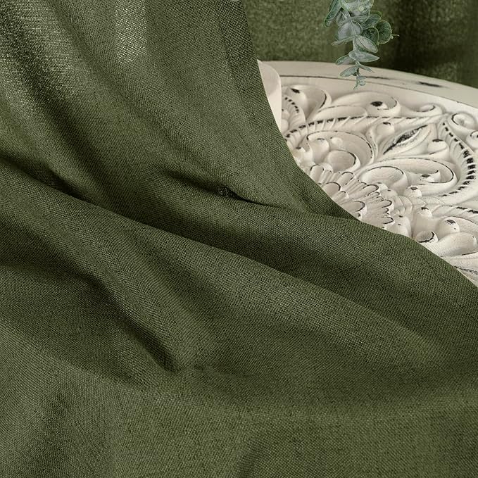 YoungsTex Olive Green Linen Curtains 80 Inch Length for Living Room, Semi Sheer Window Drapes with Rod Pocket Back Tab Light Filtering Decorative for Office Bedroom, 2 Panels, 52 X 80 Inch