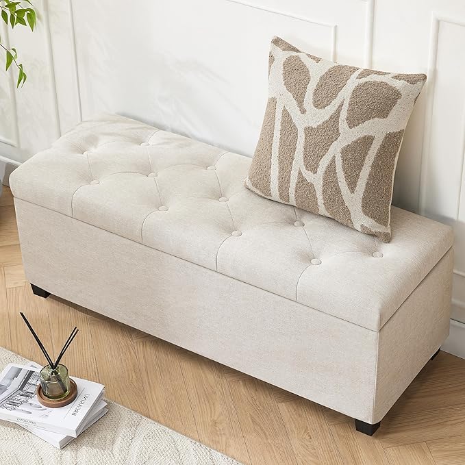 43’’ Storage Ottoman Bench, Linen Entryway Benches Load up to 660 Lb, Modern End of Bed Benches for Bedroom, Ottoman with Storage Bench for Living Room, Beige