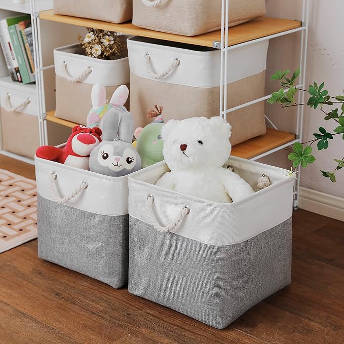 13 x 13 Inch Cube Storage Bins, 4 Pack Large Collapsible Fabric Storage Bin with Ropes, Foldable Storage Cubes for Home, Office,Closet, Clothes, Toys Organizer (White & Grey)