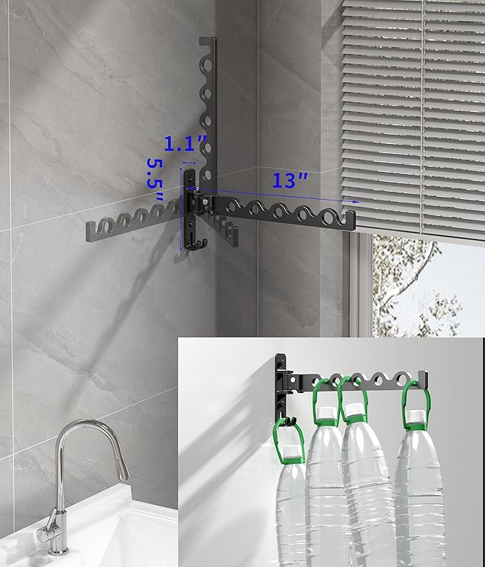 Dr.DJ Wall Hanger for Clothes, Coat Hanger Wall Mounted Matte Black Retractable Clothes Drying Organizer Rack Garment Hooks Aluminium Folding Indoor Wall Space Saver (2 Racks) Black
