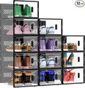 BALEINE 12 Pack Stackable Shoe Storage Boxes Fit Size 9, Thickened Clear Shoe Box Bins with Lids, Plastic Foldable Organizer Sneaker Storage Containers (Large, Black)