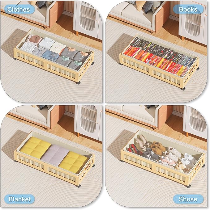 efluky 2-Pack Bamboo Under Bed Storage with Wheels, Rolling UnderBed Storage Basket with Large Dust Bag, Under Bed Storage Containers for Bedroom, Dorm and Basement, Nature