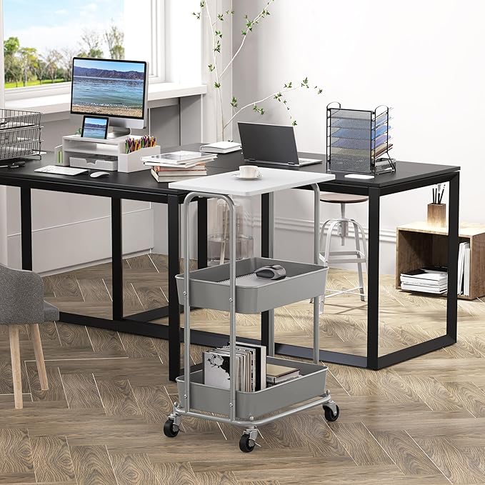 Simple Houseware 2-Tier Rolling Utility Cart with Lockable Wheels and Wood Top, Metal Storage Organizer Trolley for Kitchen, Bathroom, Office, Craft Room, White