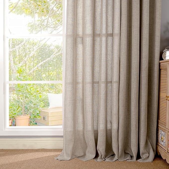 YoungsTex Dark Oatmeal Linen Curtains 45 Inch Length for Short Window, Tan Semi Sheer Drapes with Rod Pocket Back Tab Textured Light Filtering for Bathroom Bedroom, 2 Panels, 42 X 45 Inch
