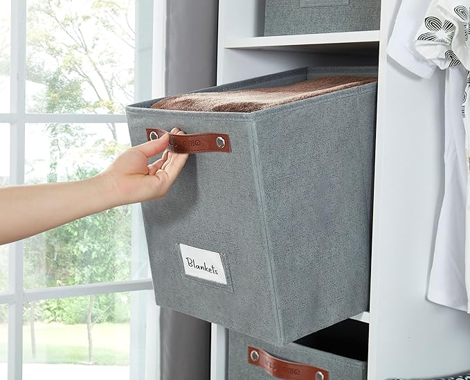 DECOMOMO Storage Bins, Cube Storage Bin with Labels, Fabric Storage Cubes for Shelves (11" / 6pcs, Texture Grey)