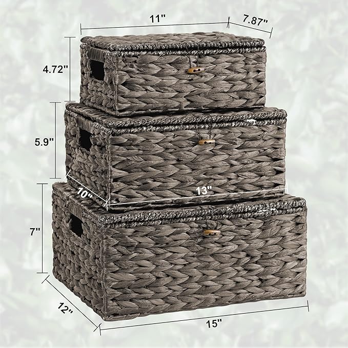 Wicker Storage Baskets with Lids and Handles, Hand Woven Rattan Storage Bins Box, Set 3 Black Water Hyacinth Decorative Large Small Basket Container for Shelves, Bathroom Organizing
