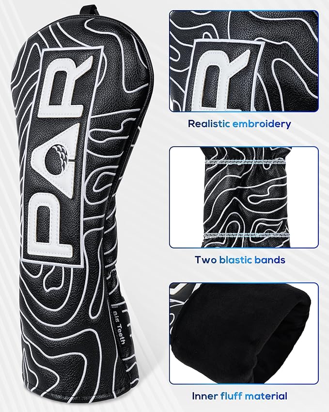 Big Teeth Golf Club Covers Full Set Driver Headcover Fairway Wood Hybrid Golf Club Iron Head Covers, Topographic Edition Putter Cover Leather Golf Head Covers Pure Black, Gifts for Men