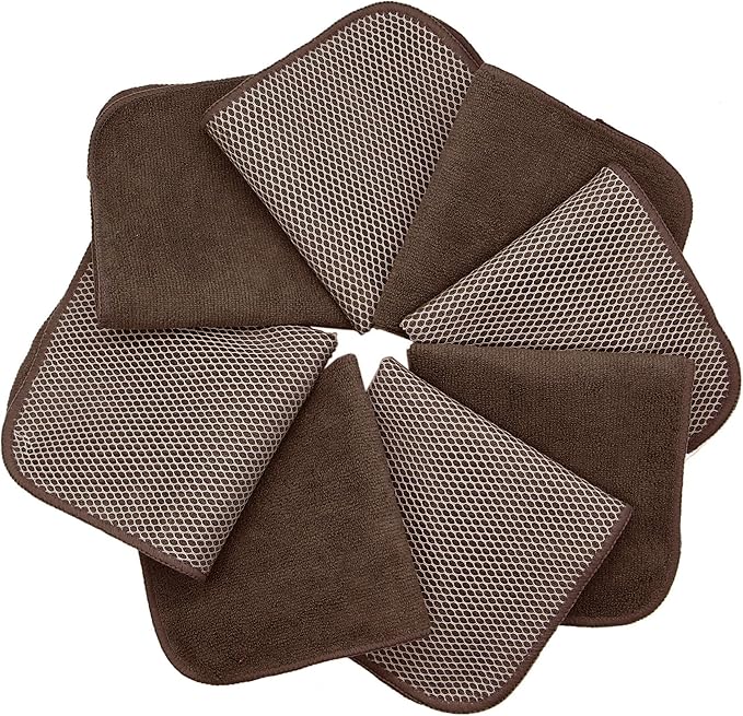 Microfiber Dish Cloths Fast Drying Kitchen Cleaning Cloth Dish Rags Dust Cloths Ultra Absorbent Lint Free Washcloths with Poly Scrub Side 12inch x 12inch 8 Pack (Brown)