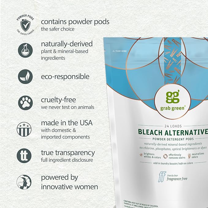 Grab Green Bleach Alternative Pods, 132 Count, Chlorine Free, Fragrance Free, Plant and Mineral Based, Laundry Booster to Brighten Whites, Removes Stains, Neutralizes Odors