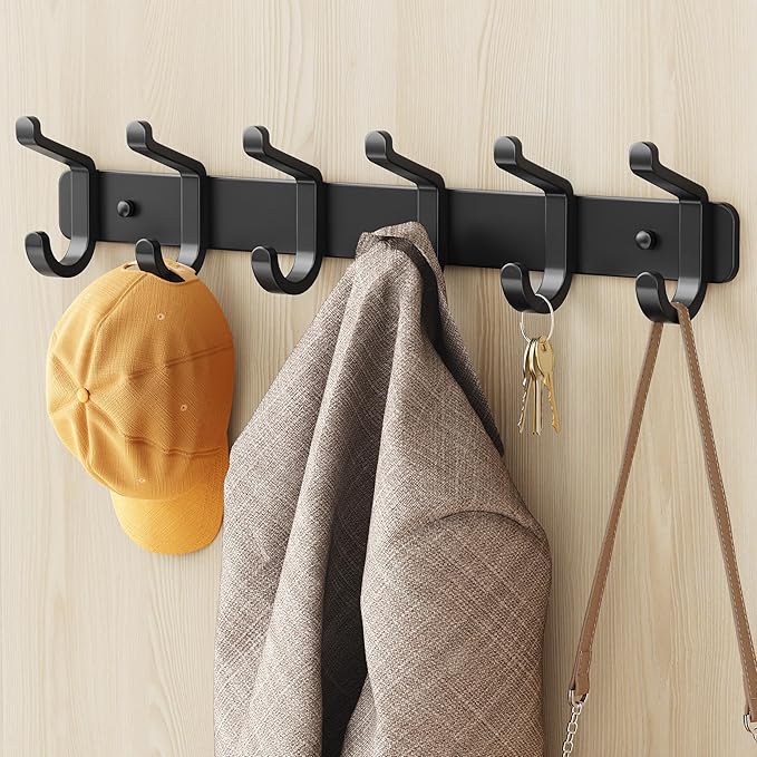 Coat Rack Wall Mounted Heavy-Duty: Metal Coat Hanger 6 Hooks for Hanging Hat, Clothes, Robe, Keys, Backpack, Bathroom Towels, Jacket, Purse - Closet, Door, Entryway, Mudroom (Black, 1 Pack)