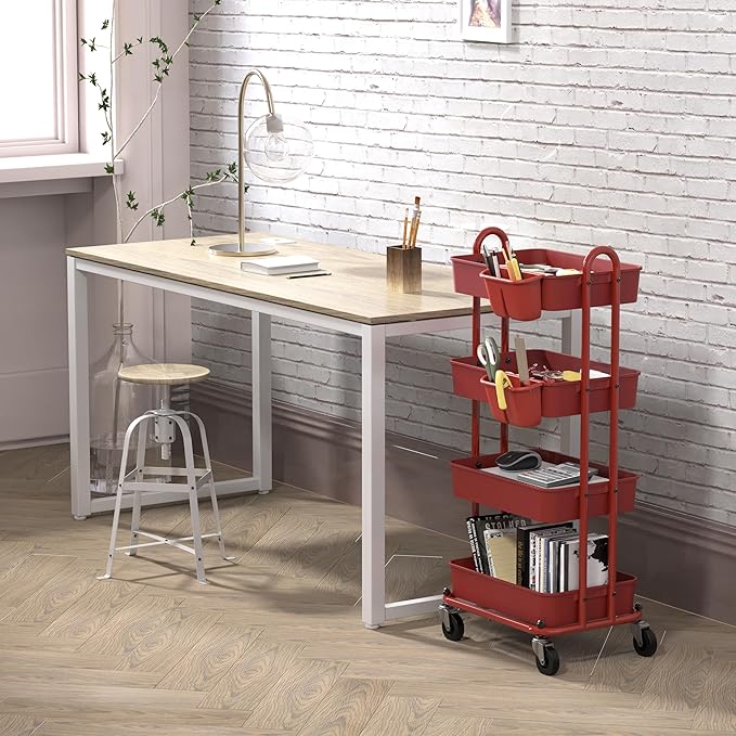 Simple Houseware 4-Tier Multifunctional Rolling Utility Cart with Hanging Buckets, Red