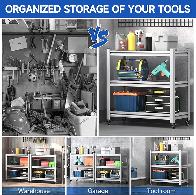 34''W Garage Heavy Duty 3-Tier Adjustable Storage Rack, Steel Shelving with Wheels,Pantry,Kitchen, Office, Closet and Garage Shelves, Easy to Assemble- White