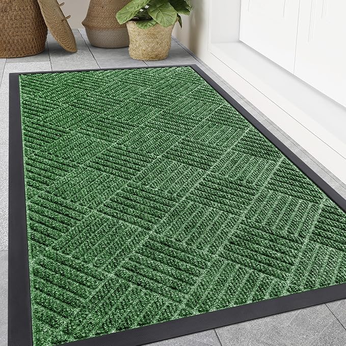 Smiry Front Door Mat Outside Entrance, Heavy Duty Outdoor Indoor Natural Rubber Doormat, Non Slip, Trap Dirt and Moisture, Easy Clean, Low Profile Patio Porch Entryway Mat, 59x35, Green