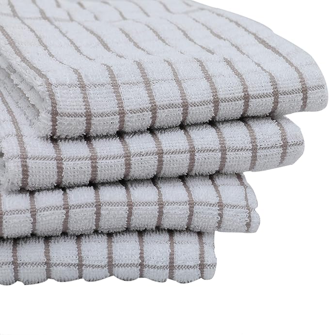 AMOUR INFINI Kitchen Towels Set of 4 - Highly Absorbent, Super Soft Terry Cotton 20x28 Inch Dish Towels with Hanging Loop - Hand & Tea Towels for Cleaning & Drying Dishes (Beige)