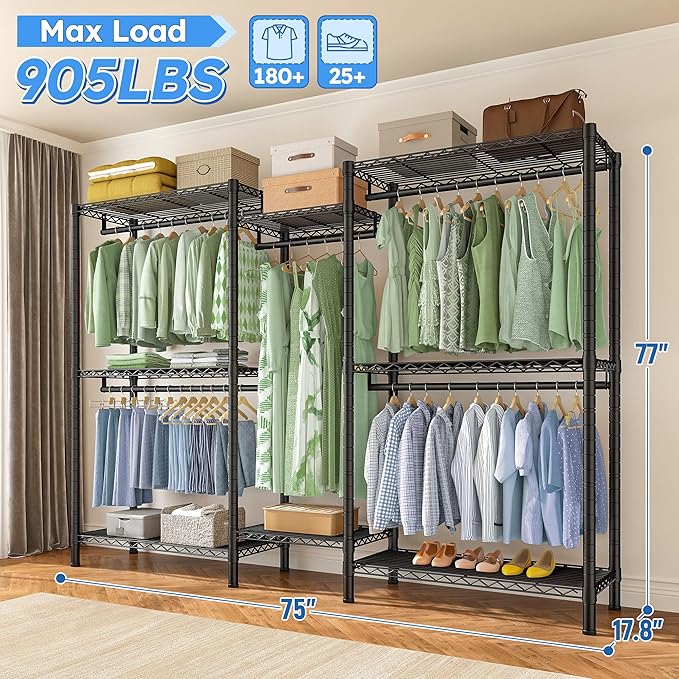 Raybee Clothes Rack Heavy Duty，Clothing Racks for Hanging Clothes with 5 Adjustable Hanging Rods, Metal Garment Rack for Bedroom, Laundry Room, Apartment,Gloss Black