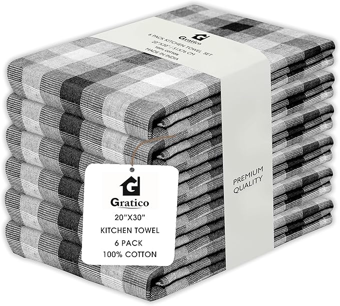 Kitchen Towels Set of 6 Black/White Checks 20x30 Inches 100% Cotton Highly Absorbent Kitchen Towels Premium Quality Ultra Soft Mitered Corners