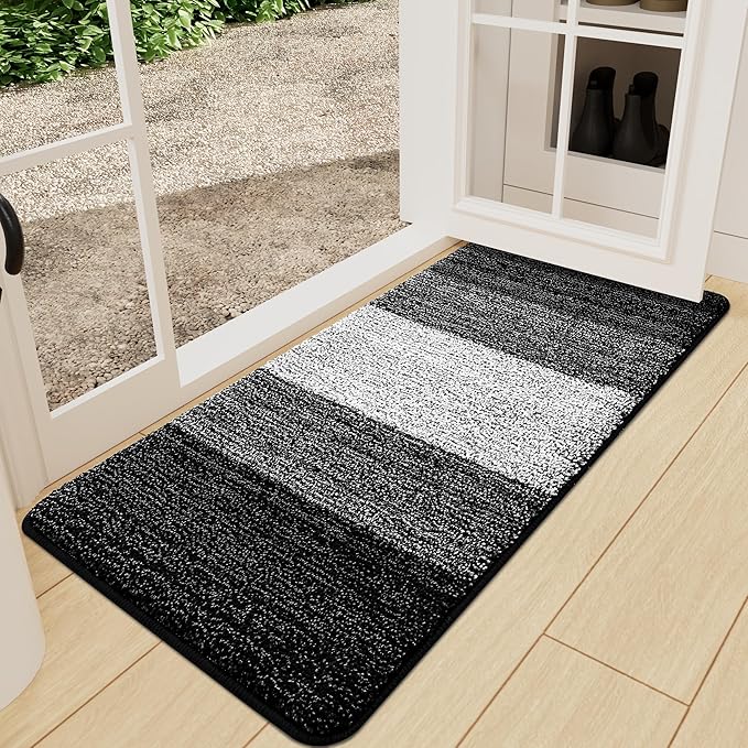 Kitinjoy Indoor Outdoor Door Mat, 59x24 Non-Slip Absorbent Dirt Trapper, Low-Profile Washable Inside Entrance Front Floor Mat, Sturdy Soft Entry Doormats for Entryway, Black