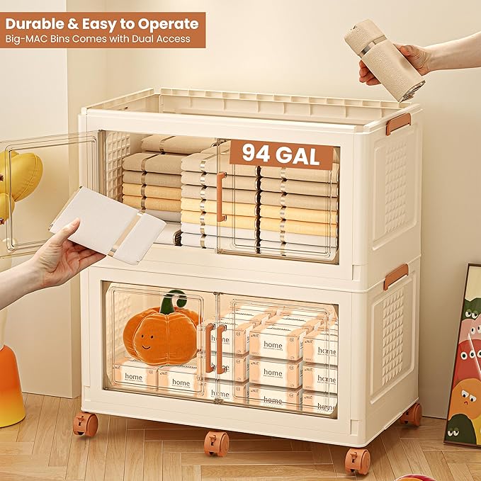 376QT/94Gal 2 Layers Stackable Storage Bins with Lids And Doors - Sensor Lights in Cabinets, Large Collapsible Container Box with 6 Wheels, Plastic Foldable Organizer for Home and Office