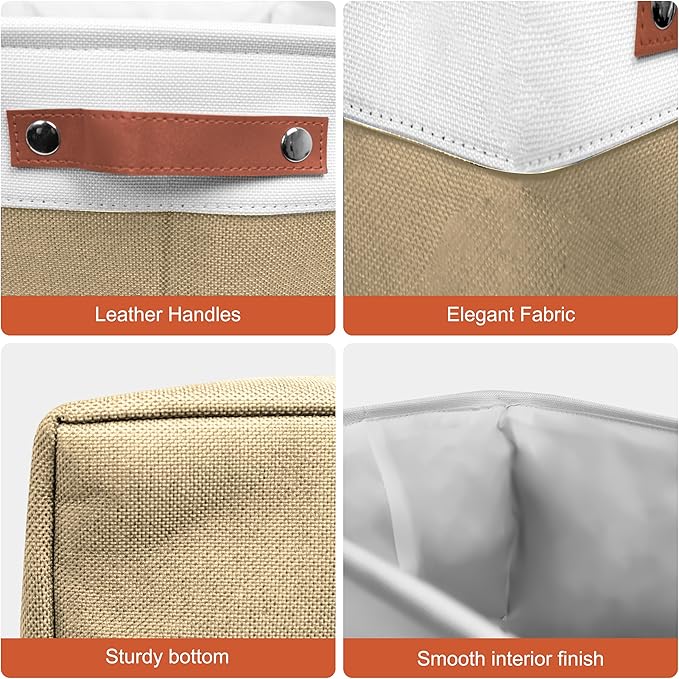 11in Open Fabric Storage Basket with Leather Handles for Organizing, Collapsible Linen Closet Bins for Shelves, Closets, Laundry, Decorative Basket for Gifts. (White＆Khaki, 3PCS/11x11in)