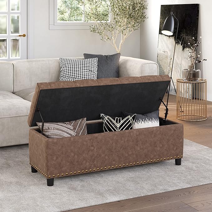 BELLEZE 47" Storage Ottoman, Storage Bench with Safety Close Hinge, Faux Leather Button-Tufted Ottoman for Living Room, Entryway, Hallway, Foot Rest, Support 300lbs - Rustic Brown