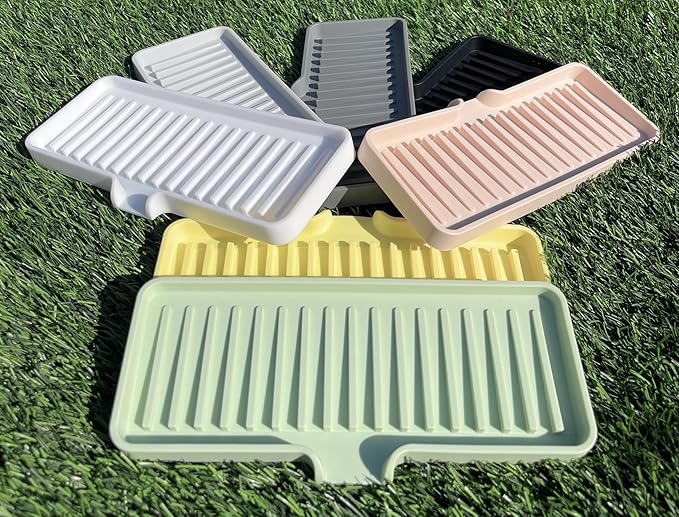 Happitasa Silicone Soap Dish Tray and Sponge Holder with Drain Chute | Bathroom and Kitchen Sink Organizer Caddy (Grey, 9"x3.5", 5.6 Ounces)