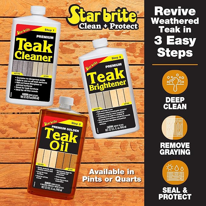 STAR BRITE Teak Kit - Restore Decks, Patio, Outdoor Furniture, Boats & Fine Wood - Marine Grade Teak Cleaner & Brightener Set With Premium Golden Teak Oil Finish - Renew, Refinish & Protect (081202)