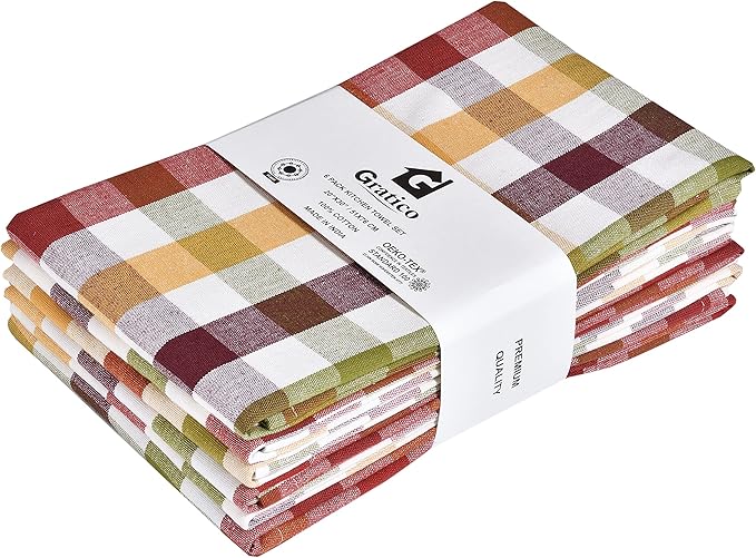 Kitchen Towels Set of 6 Multiolor Buffalo Checks 20X30 Inches, Soft Premium Cotton Highly Absorbent Towels, Washable & Reusable Tea Towel, Quick Drying Dish Cloths with Mitered Corner Towels