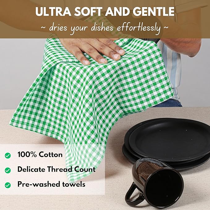 Native Fab 6 Pack Kitchen Towel with Hanging Loop 16x26 inches, Cotton Gingham Check Kitchen Towels for Drying Dishes, Soft & Absorbent Washcloths, Dish Cloth, Green White