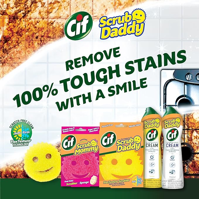 Scrub Daddy + 2x Cif All Purpose Cleaning Cream, Lemon - Multi Surface Household Cleaning Cream Scratch-Free Multipurpose Dish Sponge