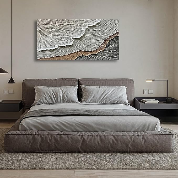 NANKAI Thick Texture Abstract Oil Painting Hand-Painted Beach Wave Landscape Oil Painting Family Wall Decorative Art 24x48 Inch