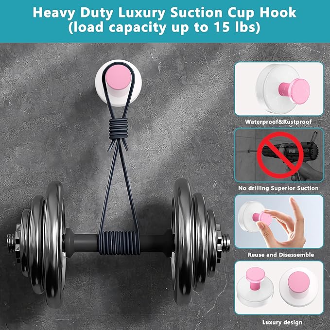 Suction Cup Hooks for Shower,Removable No Drill Towel Hooks,Upgraded 15 lbs Strong Suction hooks for Bathroom Tile,Shower Wall,Glass Door,Kitchen-Loofah,Coat,Stainless Waterproof-White Pink 2 Pcs