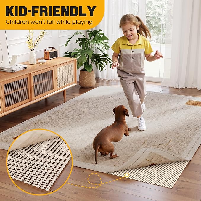 Non-Slip Rug Pad Gripper 2.5x14 Feet, Anti Skid Mat for Under Area Rugs, Keeps Rugs in Position and Safe, Thick Cushioned Carpet Pad for Hardwood Floors Protection