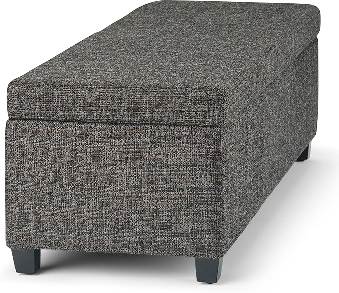 SIMPLIHOME Avalon 48 inch Wide Contemporary Rectangle Storage Ottoman Bench in Dark Grey Tweed Look Fabric, Assembled, For the Living Room, Entryway and Family Room