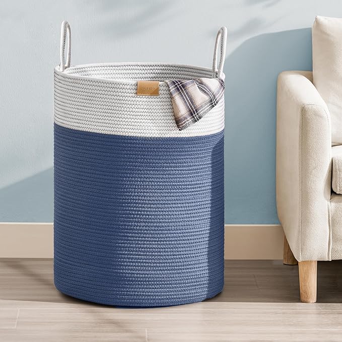 Laundry Hamper 95L,Large Laundry Basket for Clothes,Decorative Storage Basket for Blankets,Cotton Rope Woven basket for bedroom,Navy Blue