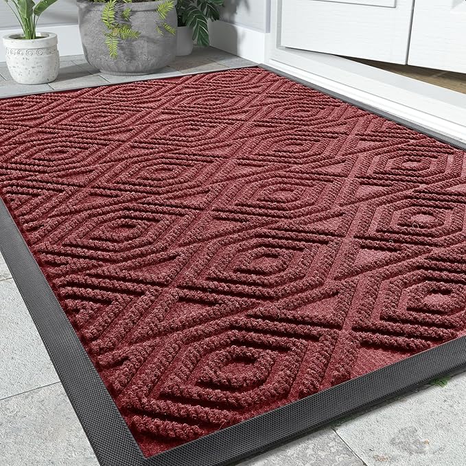 Yimobra Door Mat, Outdoor Indoor Entrance Welcome Mat, Heavy Entry Front Door Mat, Stain & Fade Resistant, Low Profile, Sturdy Rubber, Easy Clean Patio Floor Mat, Waterproof, 47 x 24, Wine Red