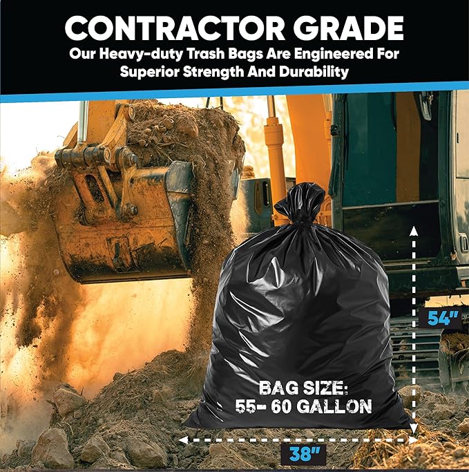 Contractor Garbage Bags 55 Gallon, Black Contractor Garbage Bag 3 Mil (32 Bags) Large 55-60 Gallon Trash Bags Heavy Duty Liners, Extra Large Trash Liners Construction, Industrial Bag