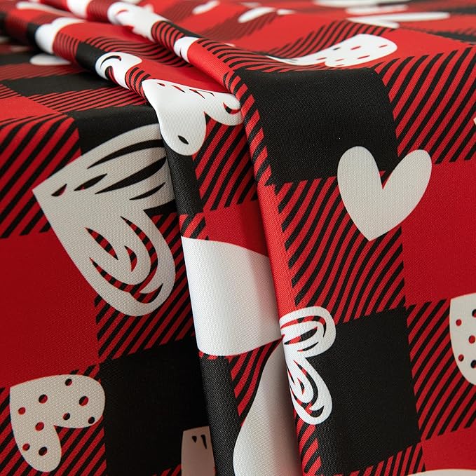 Red Waterproof Plaid Valentines’ Day Tablecloth Fabric - Square 58x58 Inch Classic Love Heart Table Cloth for Indoor Use - Checkered Table Cover for Picnics, Dinner, and Parties