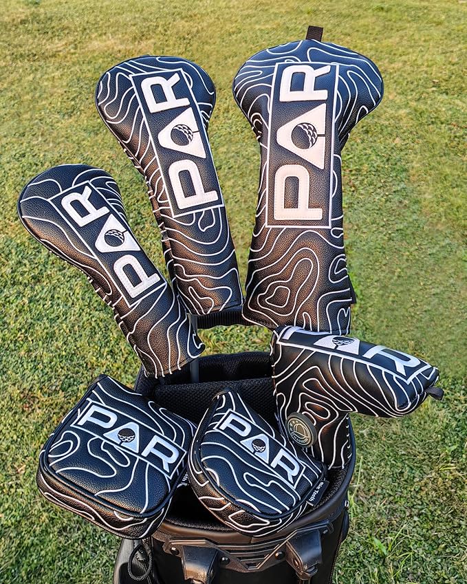 Big Teeth Golf Club Covers Full Set Driver Headcover Fairway Wood Hybrid Golf Club Iron Head Covers, Topographic Edition Putter Cover Leather Golf Head Covers Pure Black, Gifts for Men