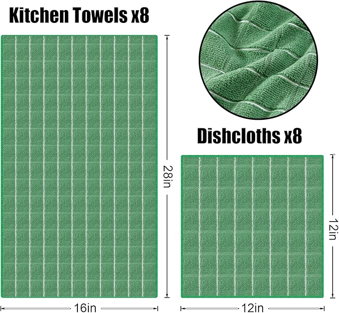 Homaxy Microfiber Kitchen Towels and Dishcloths Set, 16 Pack Soft and Absorbent Dish Hand Towels Bulk, 28 x 16 Inch & 12 x 12 Inch Quick Drying Rags for Washing Dishes, Grass Green