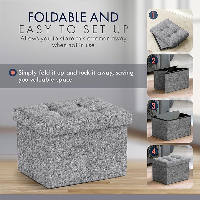 Ornavo Home Small Storage Ottoman Foldable Collapsible Rectangle Linen Ottoman Foot Rest Stool Seat, for Living Room, Bedroom, Home Office, Dorm - 12 x 16 x 12, Gray