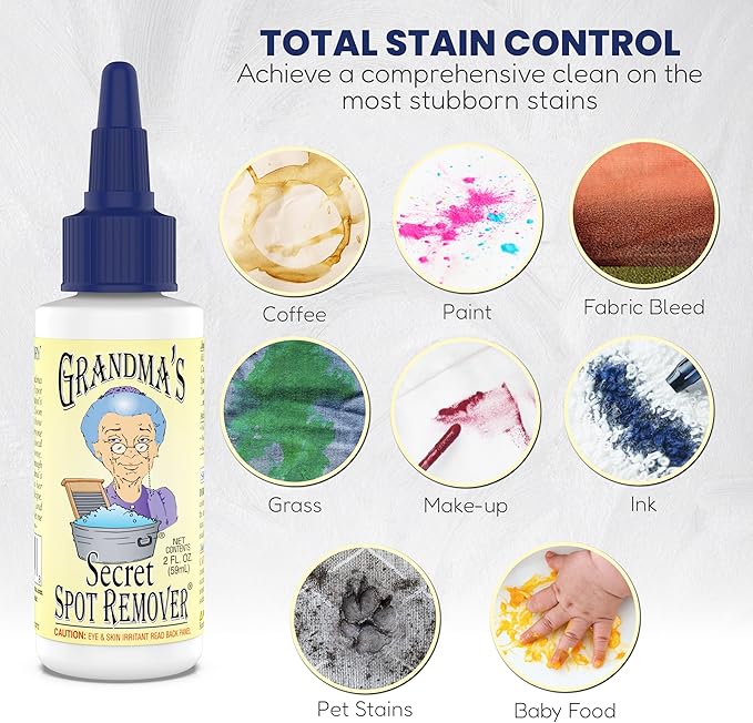 Grandma's Secret Spot Remover - Chlorine, Bleach and Toxin-Free Stain Remover - Stain Remover for Clothes - Fabric Stain Remover Removes Oil, Paint, Blood and Pet Stains – 2 Ounce
