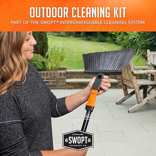 SWOPT Angled Broom Head + Push Broom Head + 17” Steel Dustpan – Multi-Surface Cleaning Kit Interchangeable with All SWOPT Cleaning Products for More Efficient Cleaning and Storage