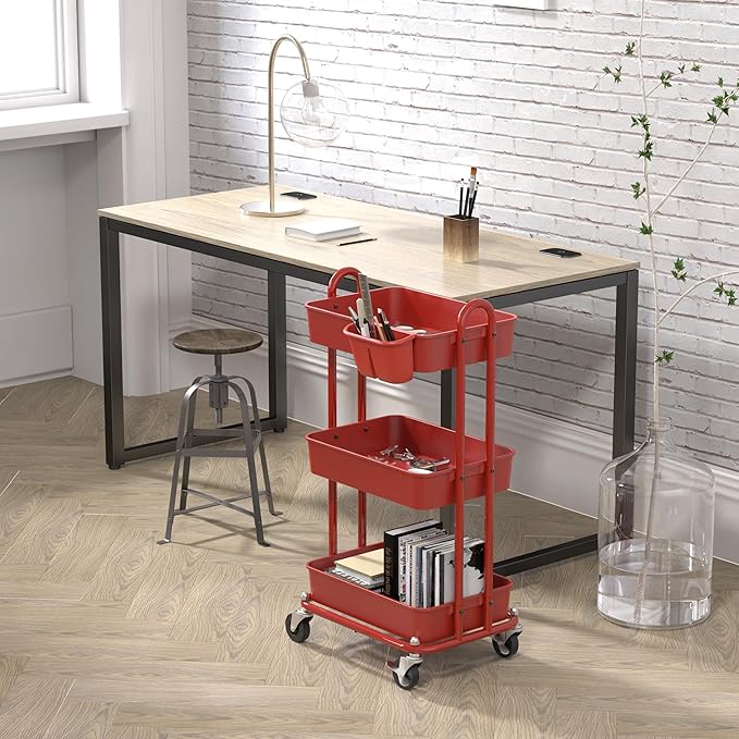 Simple Houseware 3-Tier Multifunctional Rolling Utility Cart with Hanging Bucket, Red