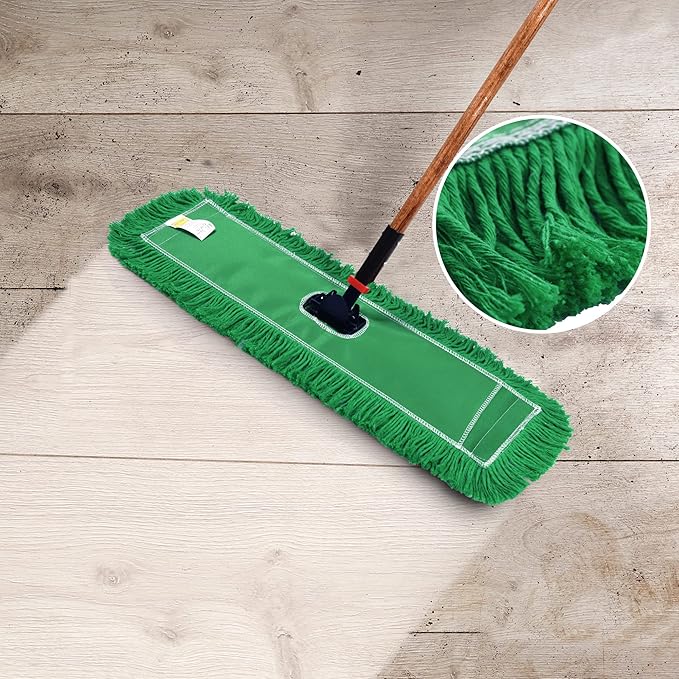 Matthew Cleaning 24'' Industrial Strength Cotton Dust Mop Refill Washable Replacement Heads for Residential & Commercial Use Fit Standard Dust Mop Frames, Hardwood,Concrete Floors Green 12 Pack