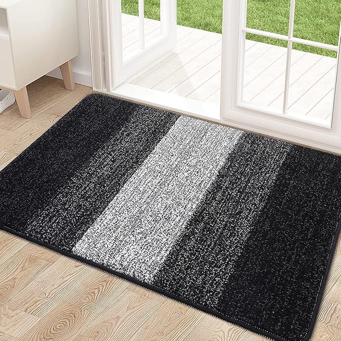 Kitinjoy Indoor Outdoor Door Mat, 32x20 Non-Slip Absorbent Dirt Trapper, Low-Profile Washable Inside Entrance Front Floor Mat, Sturdy Soft Entry Doormats for Entryway, Black