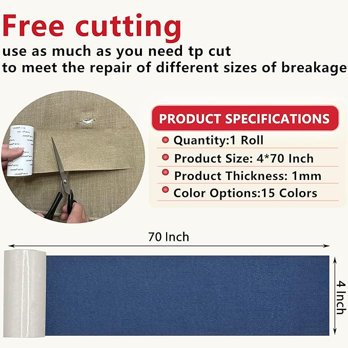 Linen Repair Tape 4x70 Inch Self-Adhesive Couch Patch Repair Fabric Patch for Furniture,Sofas,Cushion,Chairs,Bags,Linen Goods(Dark Blue)