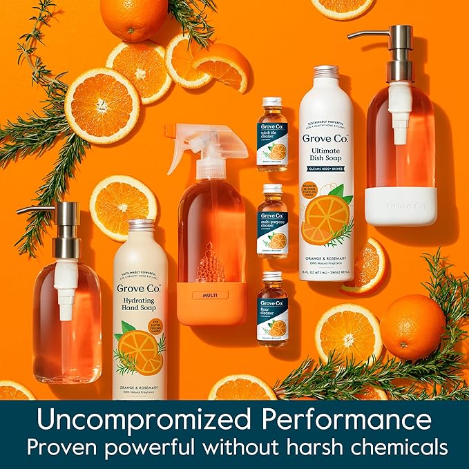 Grove Co. Floor Cleaner Refill Concentrate (2 x 1 Oz) + 1 x Durable Glass Spray Bottle (16 Oz) Plant-Based Cleaning Supplies Bundle, No Plastic Waste, 100% Natural Orange & Rosemary Scent