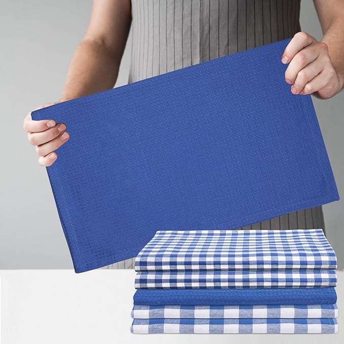 Kitchen Towels Set of 6 Soft Premium Cotton Highly Absorbent Dish Towels 18x28 Inches, Washable & Reusable Tea Towel, Quick Drying Dish Cloths with Hanging Loop - Blue/White, Checks