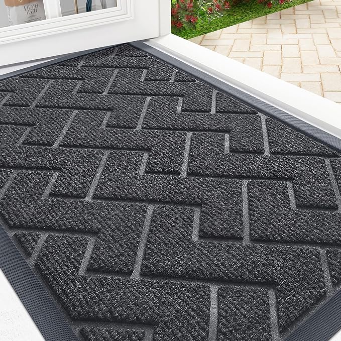 OLANLY Front Door Mat Indoor Outdoor Entrance, Waterproof All-Season, All-Weather Doormat, Sturdy Natural Rubber, Low Profile, Easy Clean Patio Porch Entryway Mat, Herringbone Brick (Grey, 59x23)